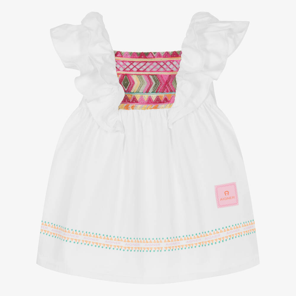 AIGNER-Girls White Cotton Ruffle Dress | Childrensalon Outlet