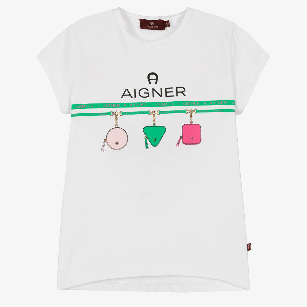AIGNER - Girls White Cotton T-Shirt | Childrensalon