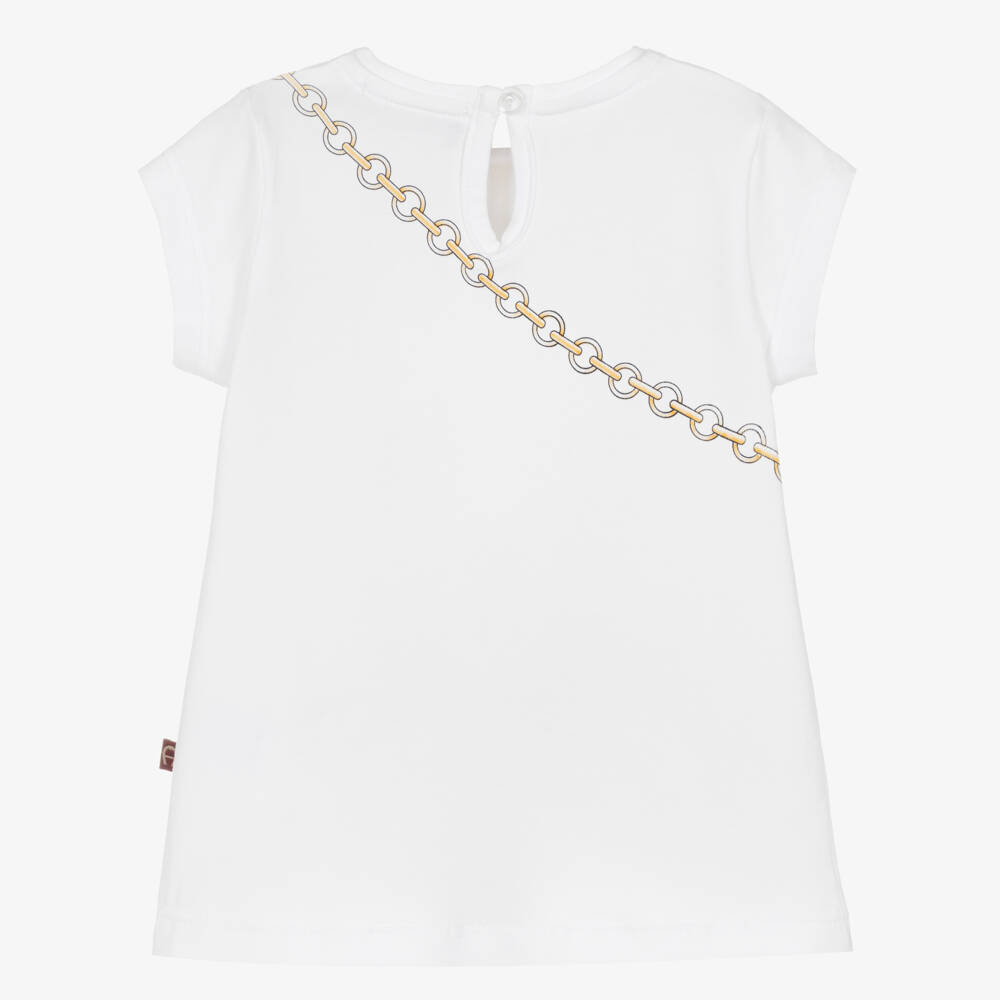 AIGNER-Girls White Cotton T-Shirt with Cat & Handbag Print | Childrensalon Outlet