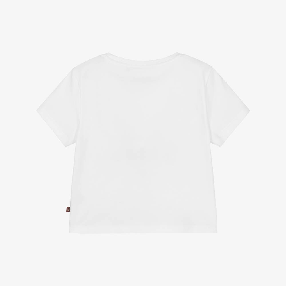 AIGNER-Girls White Cotton T-Shirt with Pink & Blue Shell Print | Childrensalon Outlet