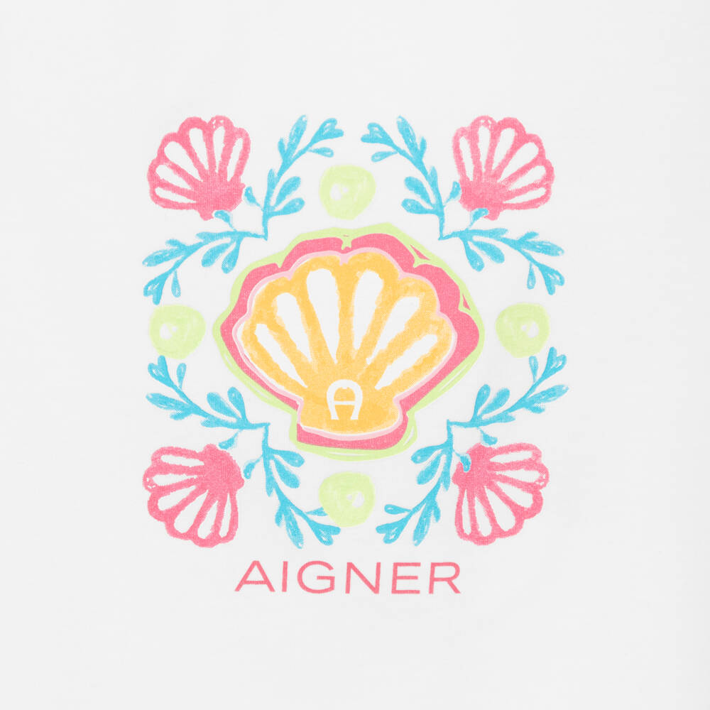AIGNER-Girls White Cotton T-Shirt with Pink & Blue Shell Print | Childrensalon Outlet