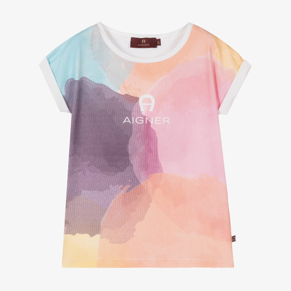 AIGNER-Girls White Cotton Watercolour T-Shirt | Childrensalon Outlet