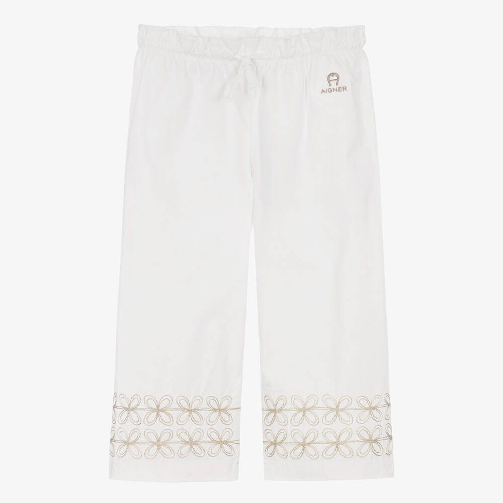 AIGNER-Girls White Cotton Wide-Leg Trousers | Childrensalon Outlet