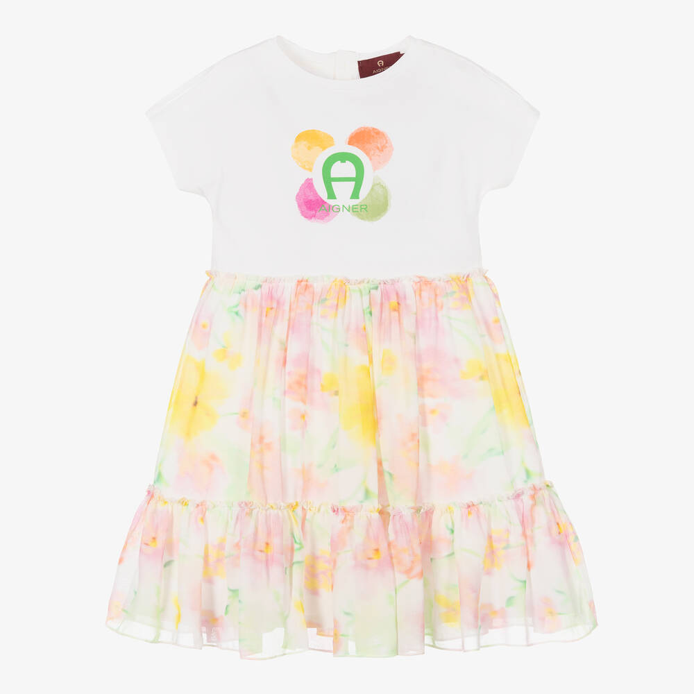 AIGNER - Girls White Floral Cotton & Chiffon Dress | Childrensalon