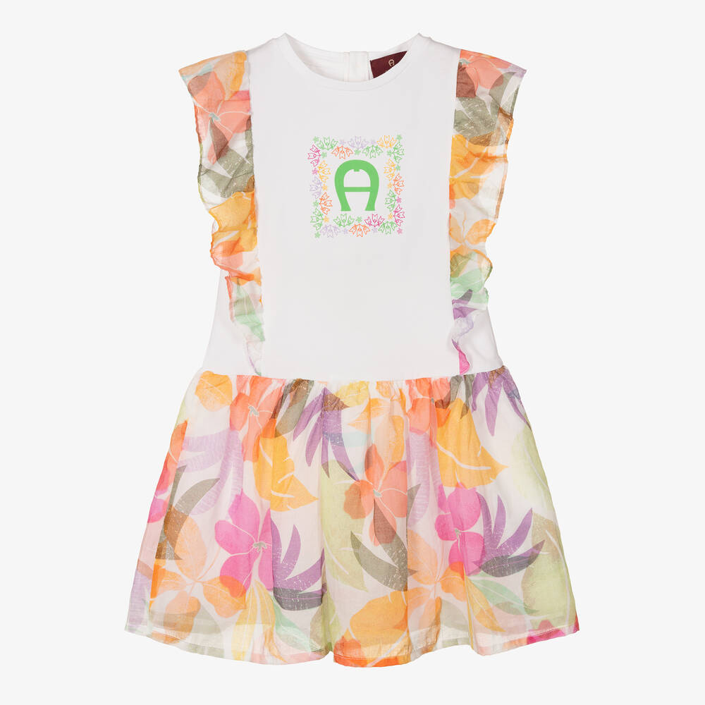 AIGNER - Girls White Floral Cotton Dress | Childrensalon