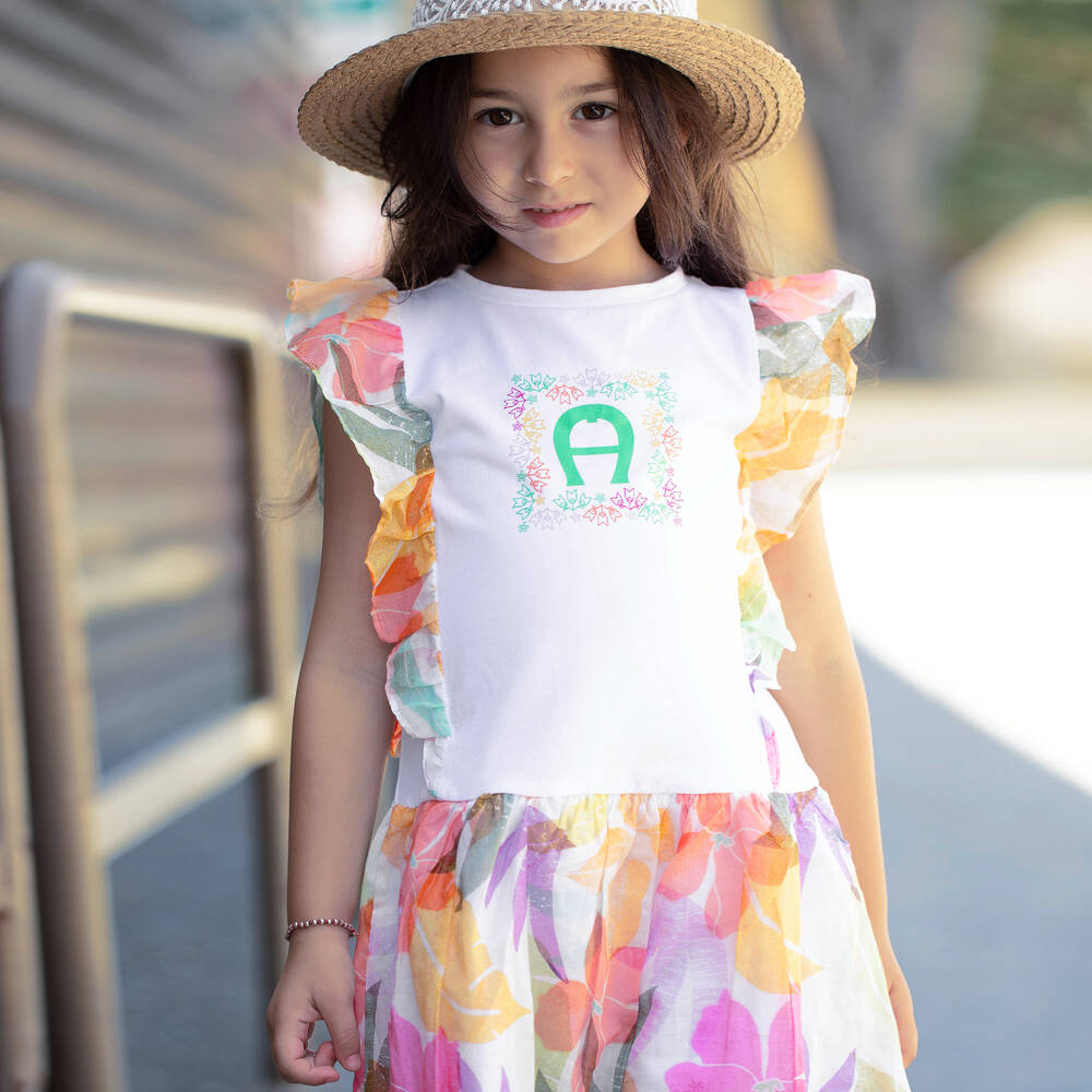 AIGNER-Girls White Floral Cotton Dress | Childrensalon Outlet