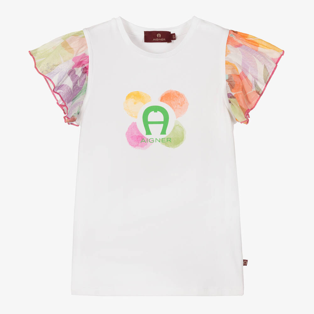 AIGNER - Girls White Floral Logo T-Shirt | Childrensalon