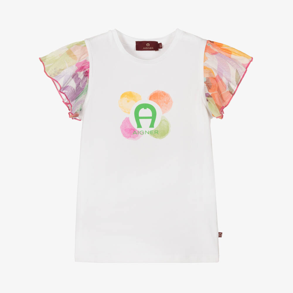 AIGNER-Girls White Floral Logo T-Shirt | Childrensalon Outlet