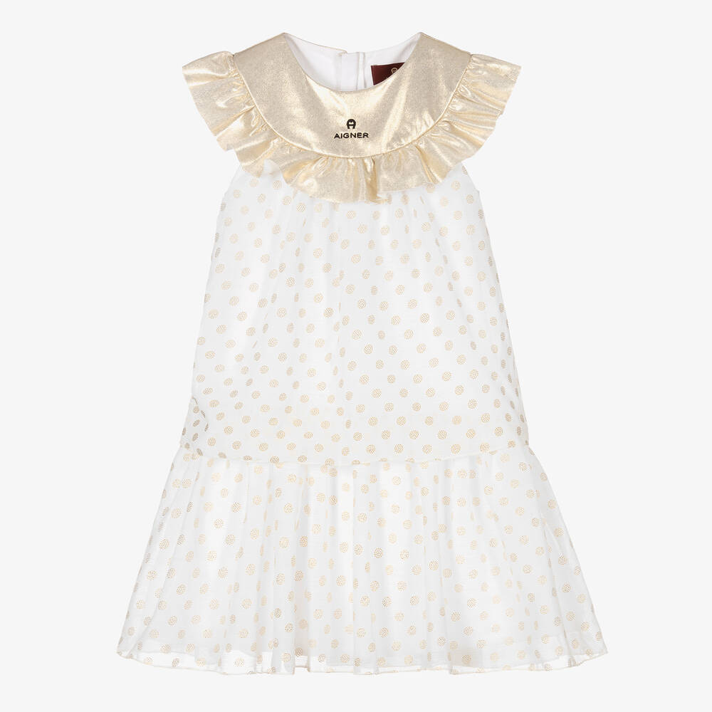 AIGNER - Girls White & Gold Chiffon Dress | Childrensalon