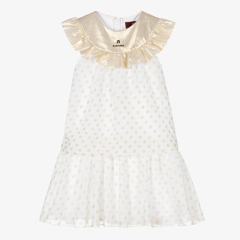 AIGNER - Chiffonkleid in Weiß und Gold (M) | Childrensalon