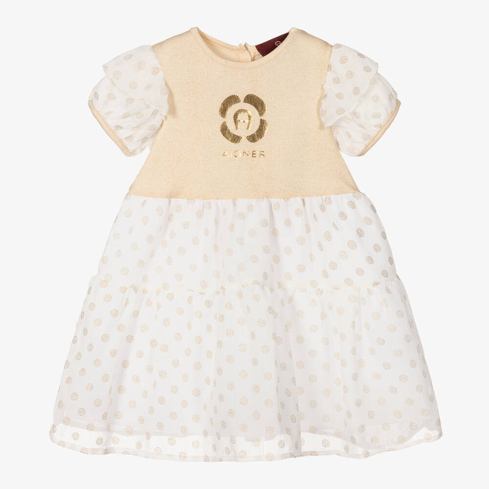 AIGNER - Crêpe-Chiffonkleid in Weiß und Gold | Childrensalon