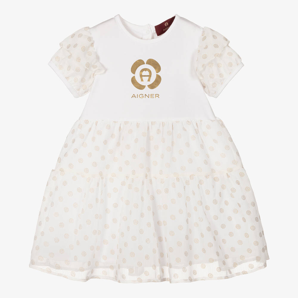 AIGNER - Girls White & Gold Crêpe Chiffon Dress | Childrensalon