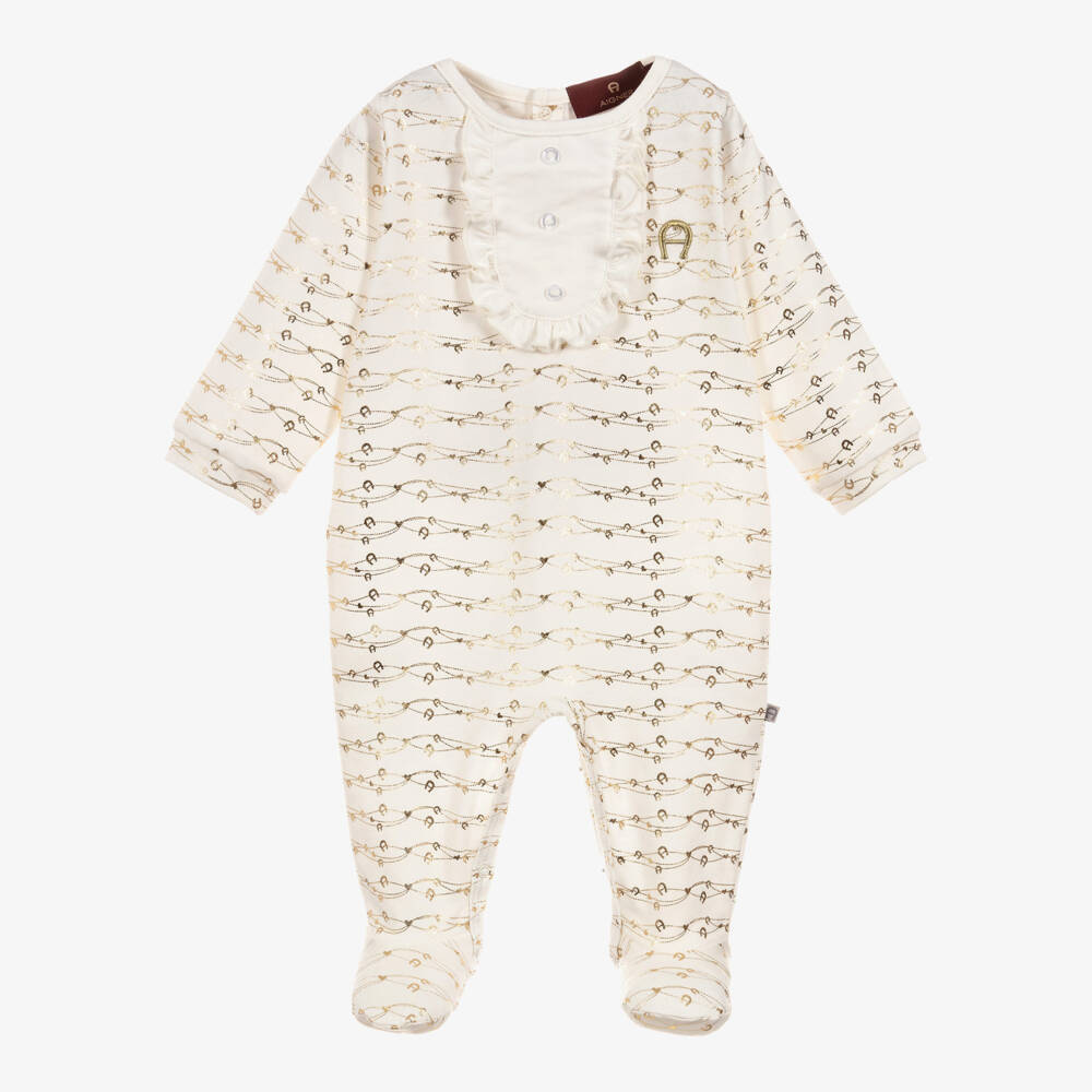 AIGNER-Кремовый хлопковый комбинезон-слип с золотистым узором | Childrensalon Outlet