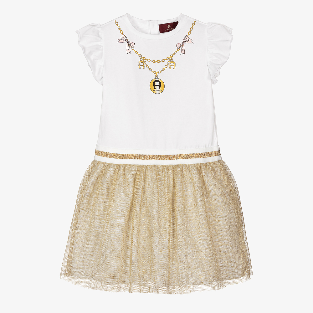 AIGNER - Girls White & Gold Tulle Dress | Childrensalon