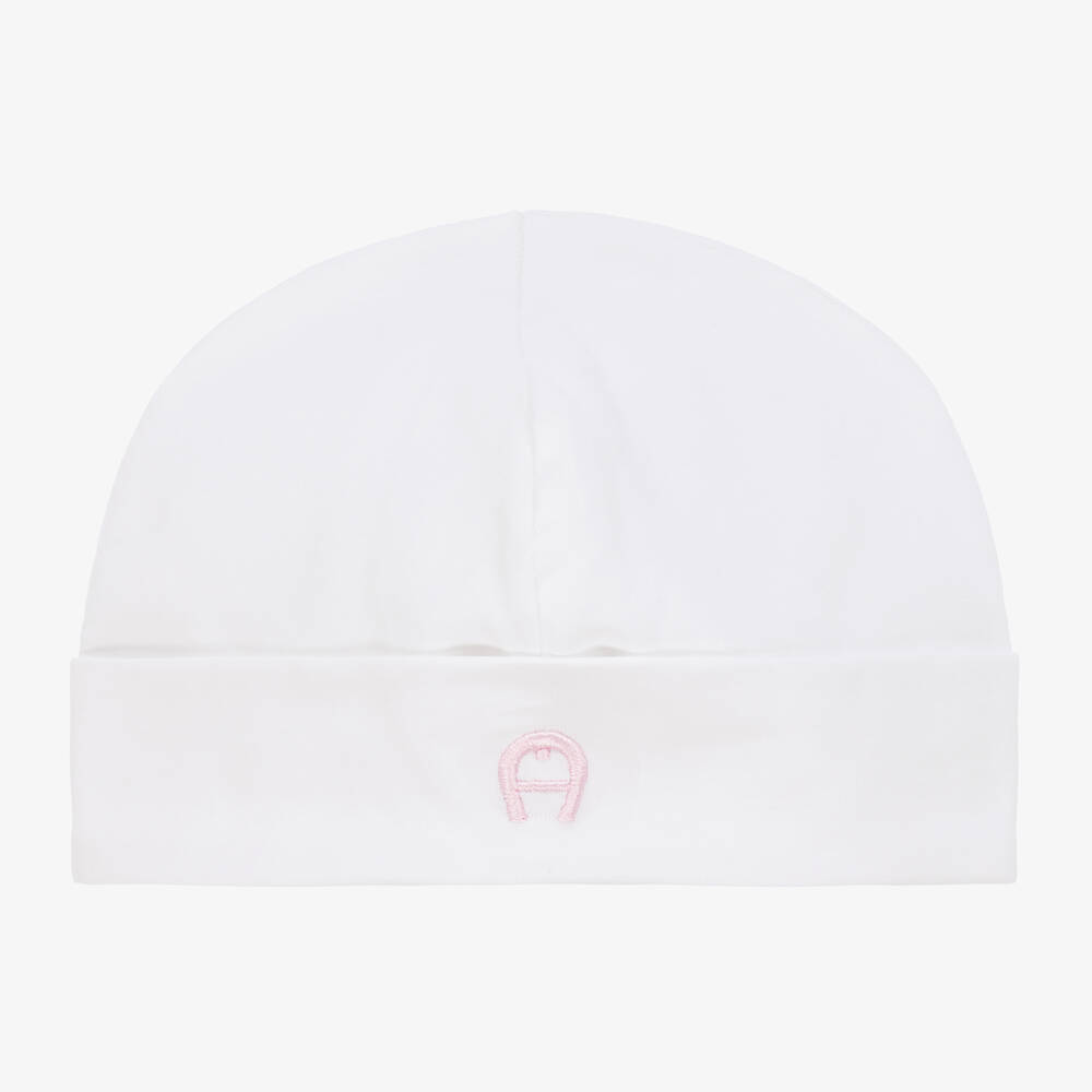 AIGNER - Girls White Pima Cotton Baby Hat | Childrensalon
