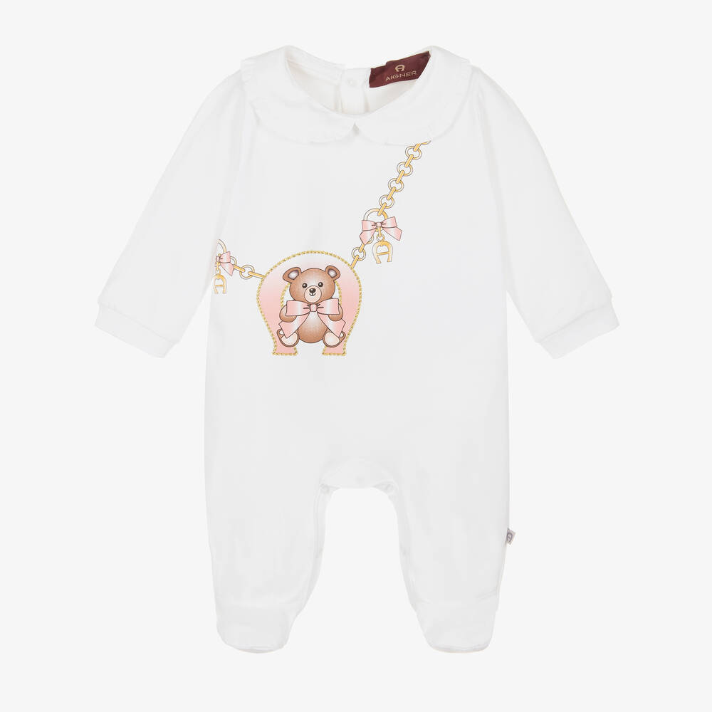 AIGNER - Girls White Pima Cotton Babygrow | Childrensalon