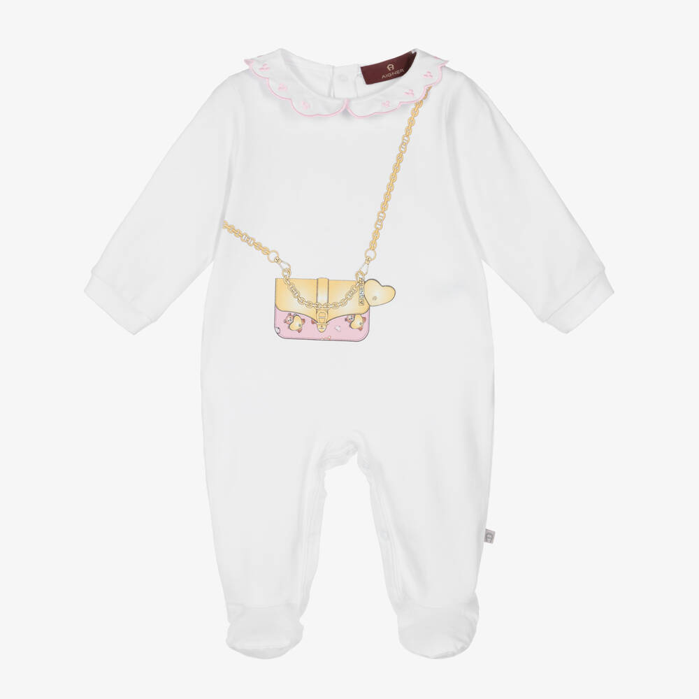 AIGNER-Girls White Pima Cotton Babygrow with Bag Print | Childrensalon Outlet