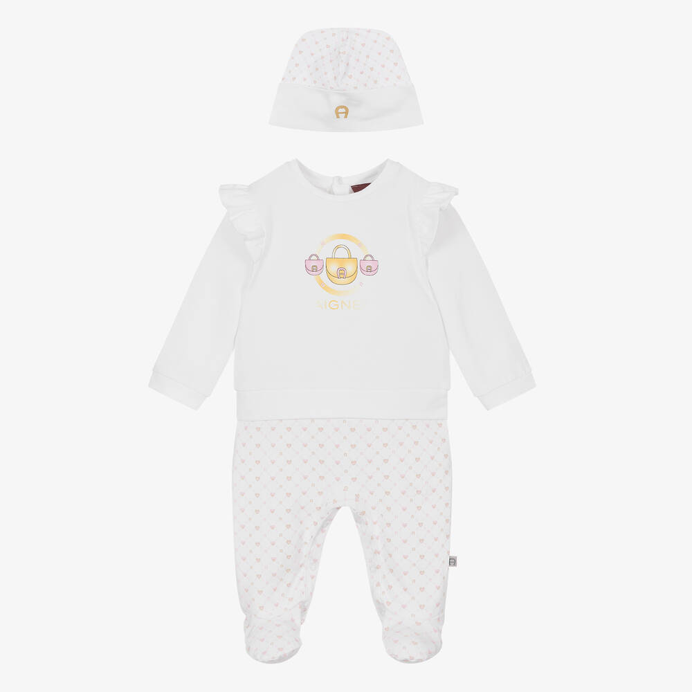 AIGNER-Белый комбинезон и шапочка из хлопка пима для девочек | Childrensalon Outlet