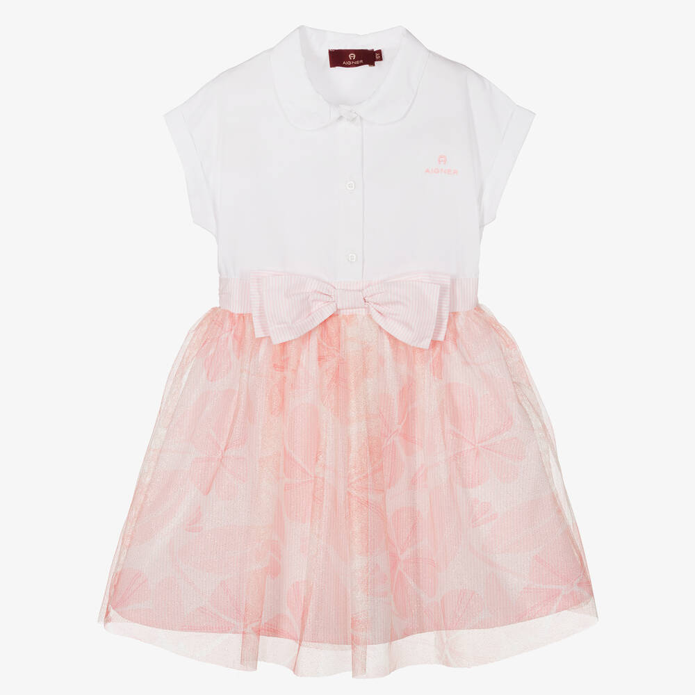AIGNER - فستان قميص قطن بوبلين وتول لون أبيض وزهري | Childrensalon
