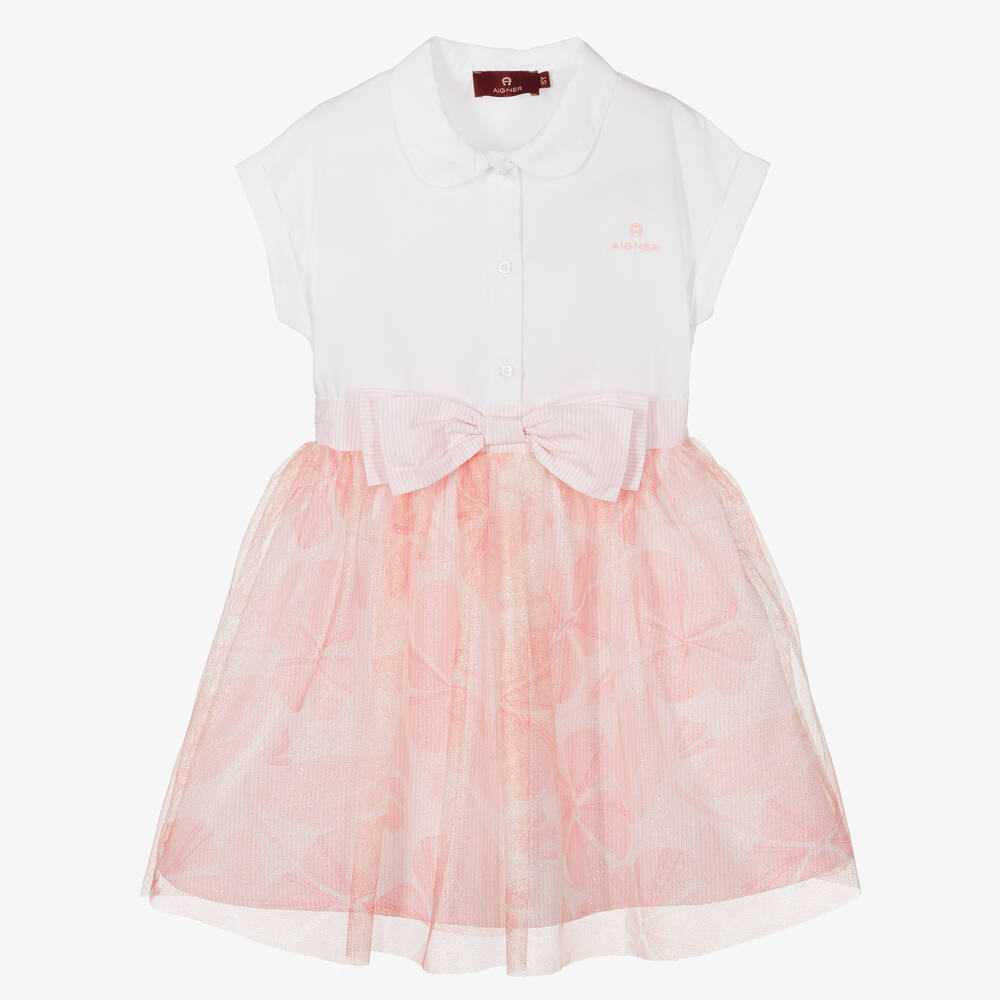 AIGNER-Girls White & Pink Cotton Dress | Childrensalon Outlet