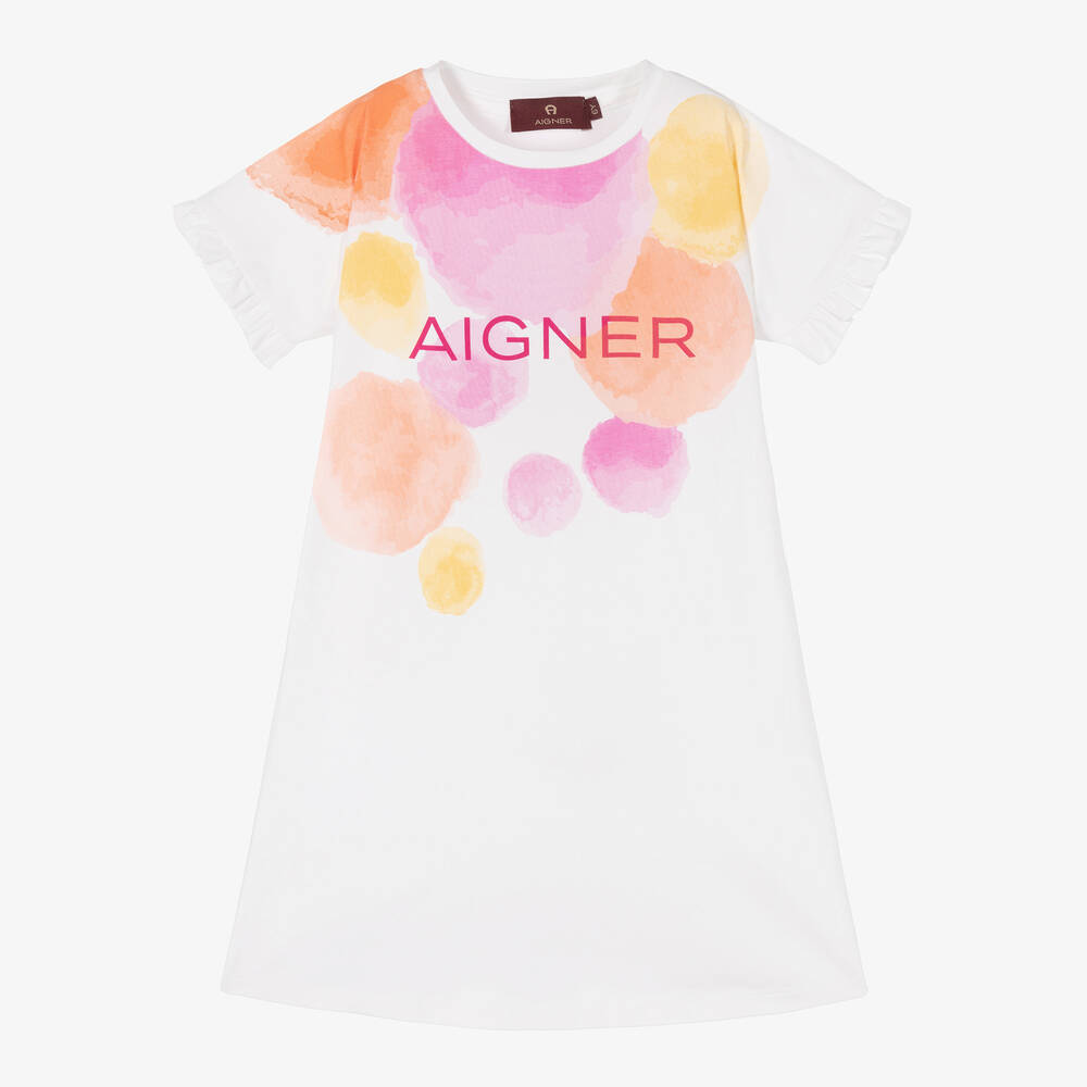 AIGNER - Girls White & Pink Cotton Dress | Childrensalon