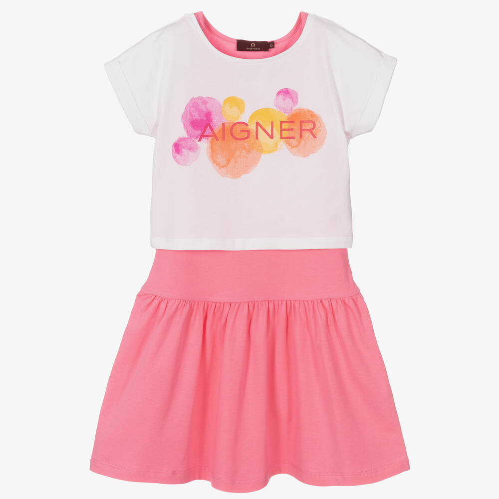 AIGNER-Girls White & Pink Cotton Dress Set | Childrensalon Outlet