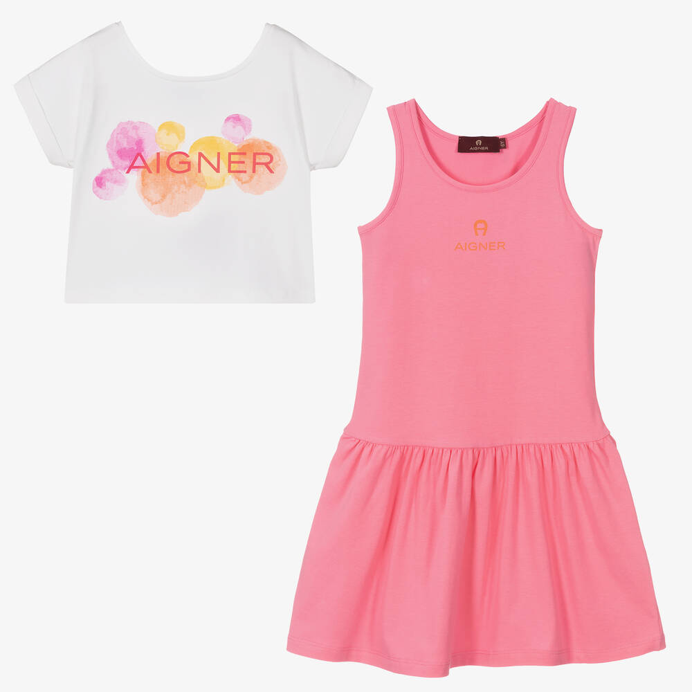 AIGNER-Girls White & Pink Cotton Dress Set | Childrensalon Outlet