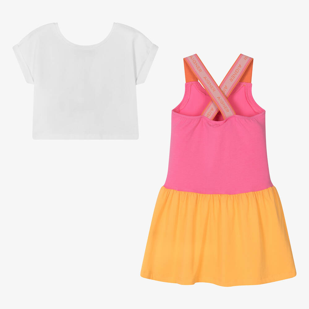 AIGNER-Girls White & Pink Cotton Dress Set | Childrensalon Outlet