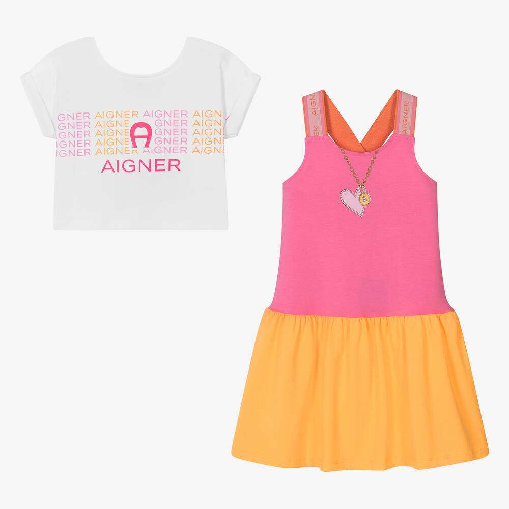 AIGNER-Girls White & Pink Cotton Dress Set | Childrensalon Outlet