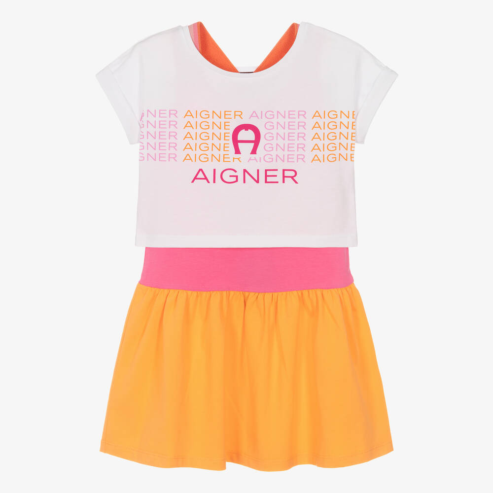 AIGNER-Girls White & Pink Cotton Dress Set | Childrensalon Outlet
