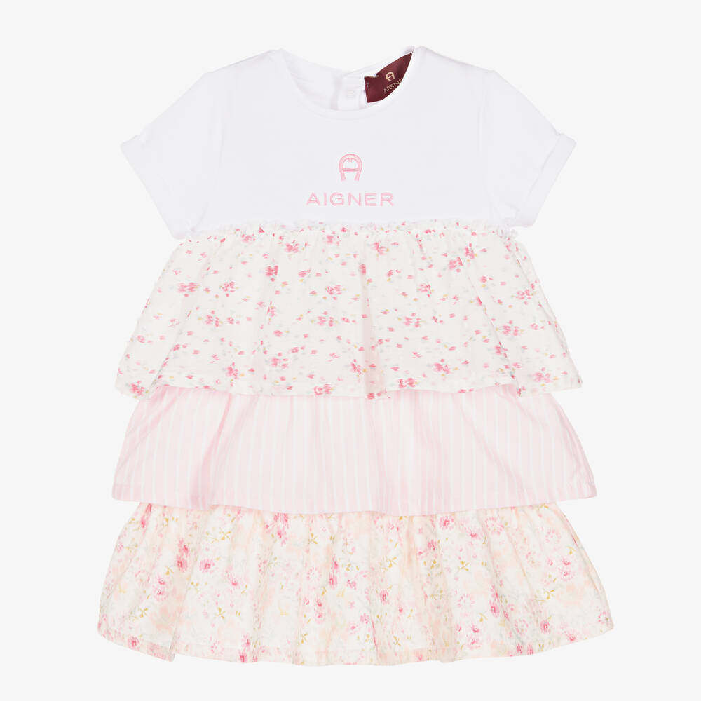 AIGNER - فستان قطن جيرسي مزين بكشكش لون أبيض وزهري | Childrensalon