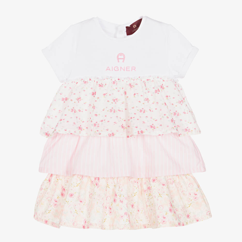 AIGNER-Girls White & Pink Cotton Ruffle Dress | Childrensalon Outlet