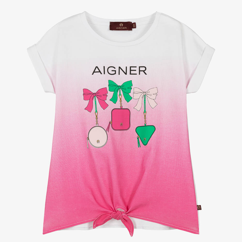 AIGNER - Girls White & Pink Tie Front T-Shirt | Childrensalon