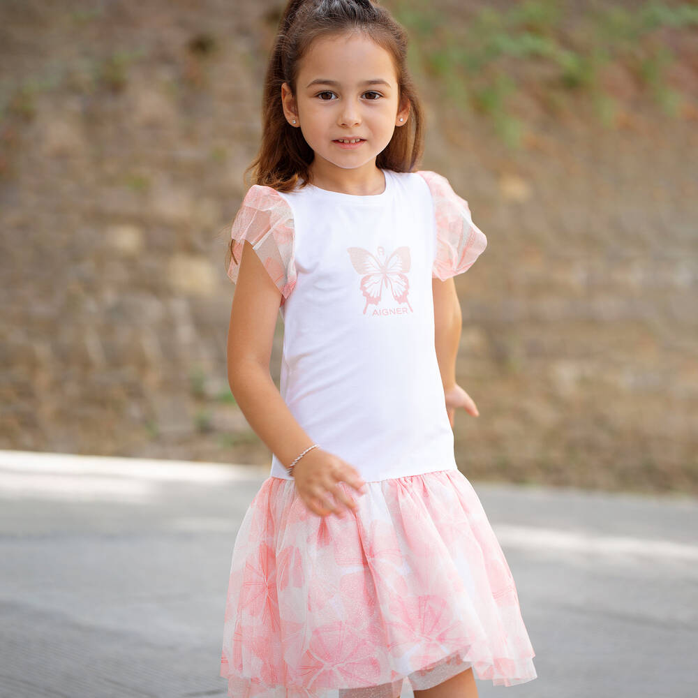 AIGNER-Girls White & Pink Tulle Dress | Childrensalon Outlet
