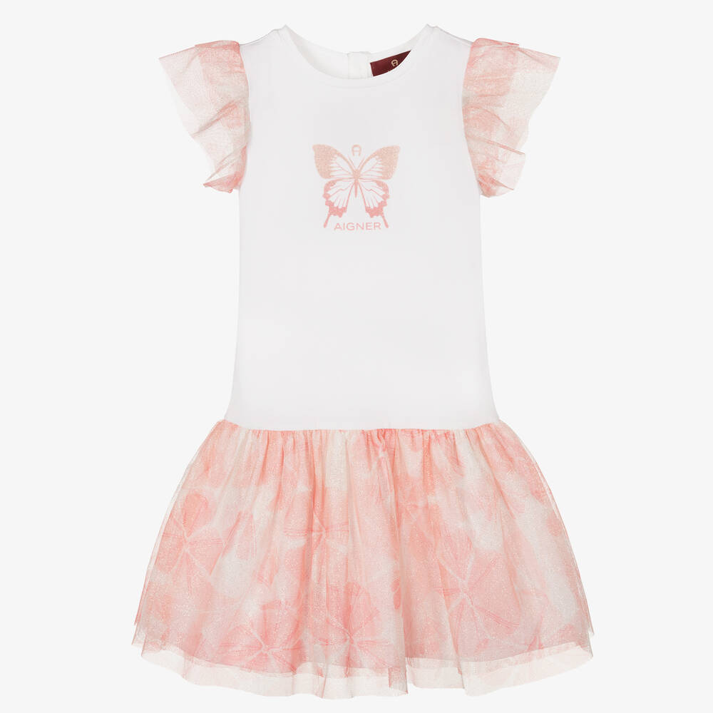 AIGNER - فستان قطن جيرسي وتول لون أبيض وزهري | Childrensalon
