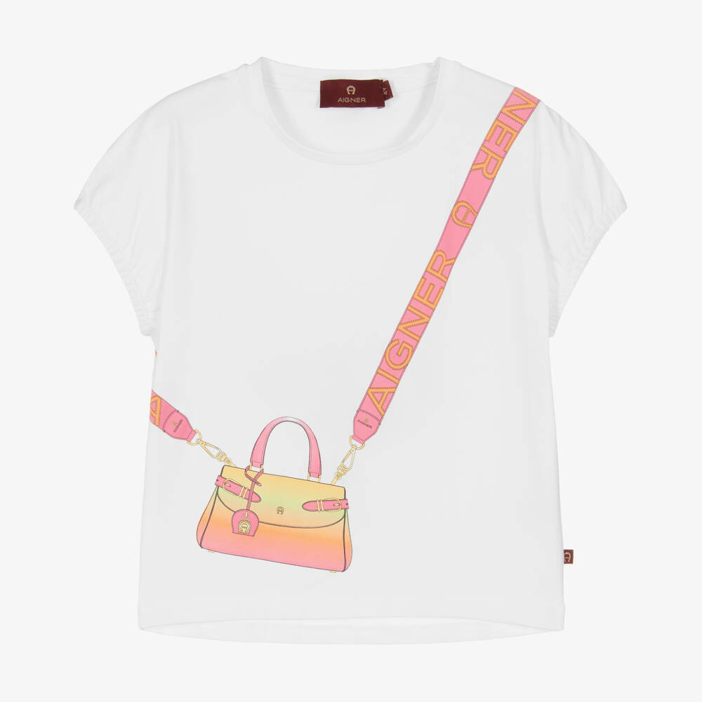 AIGNER-Girls White Tee with Bag Design | Childrensalon Outlet