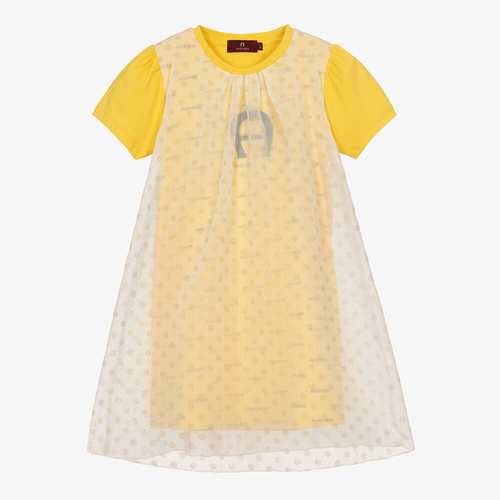 AIGNER - Girls Yellow Chiffon Polka Dot Dress | Childrensalon
