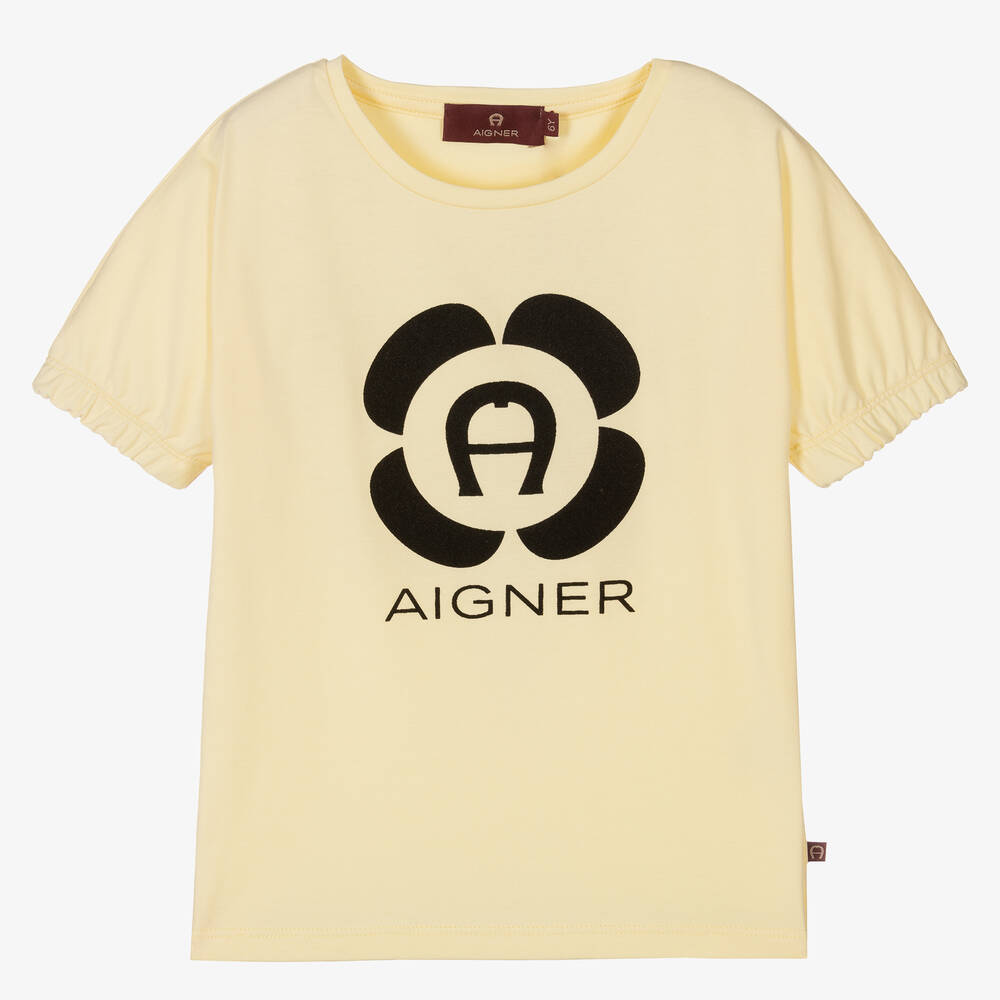 AIGNER - Girls Yellow Cotton Logo T-Shirt | Childrensalon