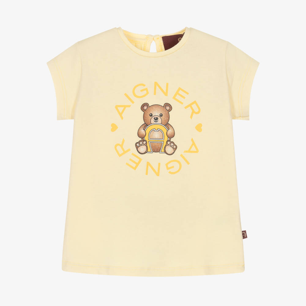 AIGNER-Girls Yellow Cotton Logo T-Shirt with Teddy Bear | Childrensalon Outlet