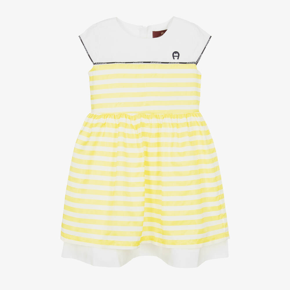 AIGNER - Girls Yellow Striped Satin Dress | Childrensalon