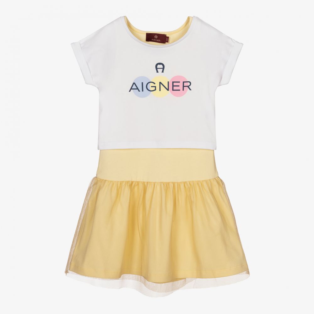 AIGNER-طقم فستان قطن جيرسي لون أصفر وأبيض | Childrensalon Outlet