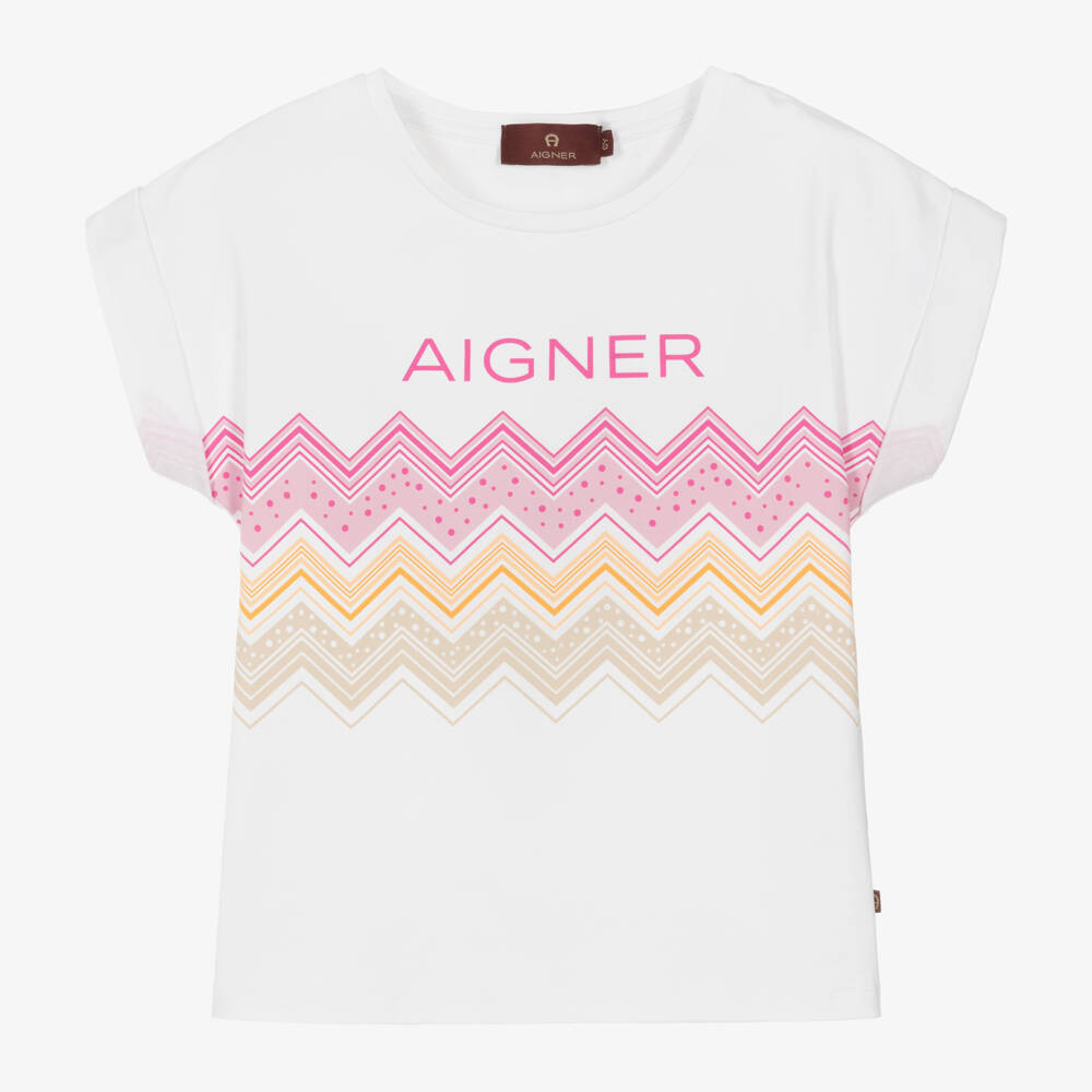 AIGNER-Girls Zigzag White Cotton Tee | Childrensalon Outlet