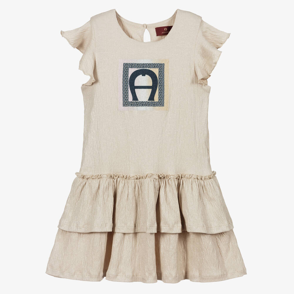 AIGNER - Gold Cotton Logo Dress | Childrensalon