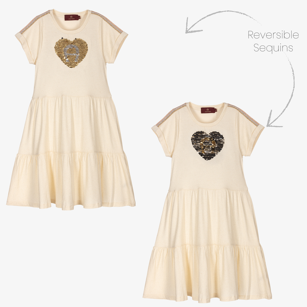 AIGNER - Gold Cotton Sequin Logo Dress | Childrensalon
