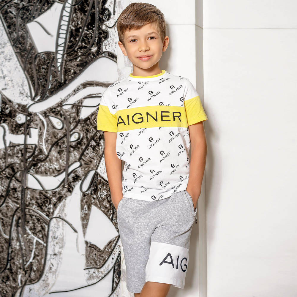 AIGNER-شورت برمودا جيرسي لون رمادي وأبيض للأولاد | Childrensalon Outlet