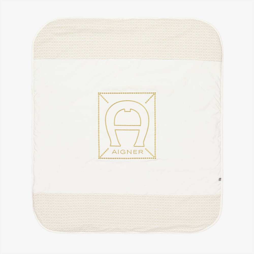 AIGNER-Ivory Baby Blanket with Gold Horseshoe Logo Print (88cm) | Childrensalon Outlet