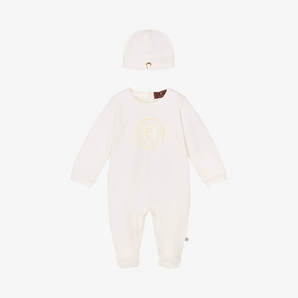 AIGNER-Ivory & Gold Cotton Babysuit Set | Childrensalon Outlet