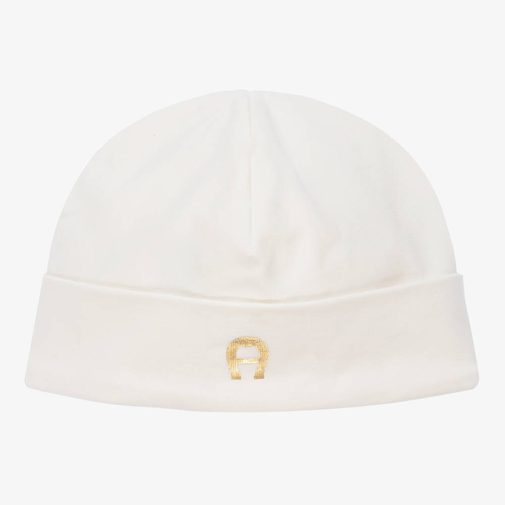 AIGNER - Ivory & Gold Logo Pima Cotton Baby Hat | Childrensalon