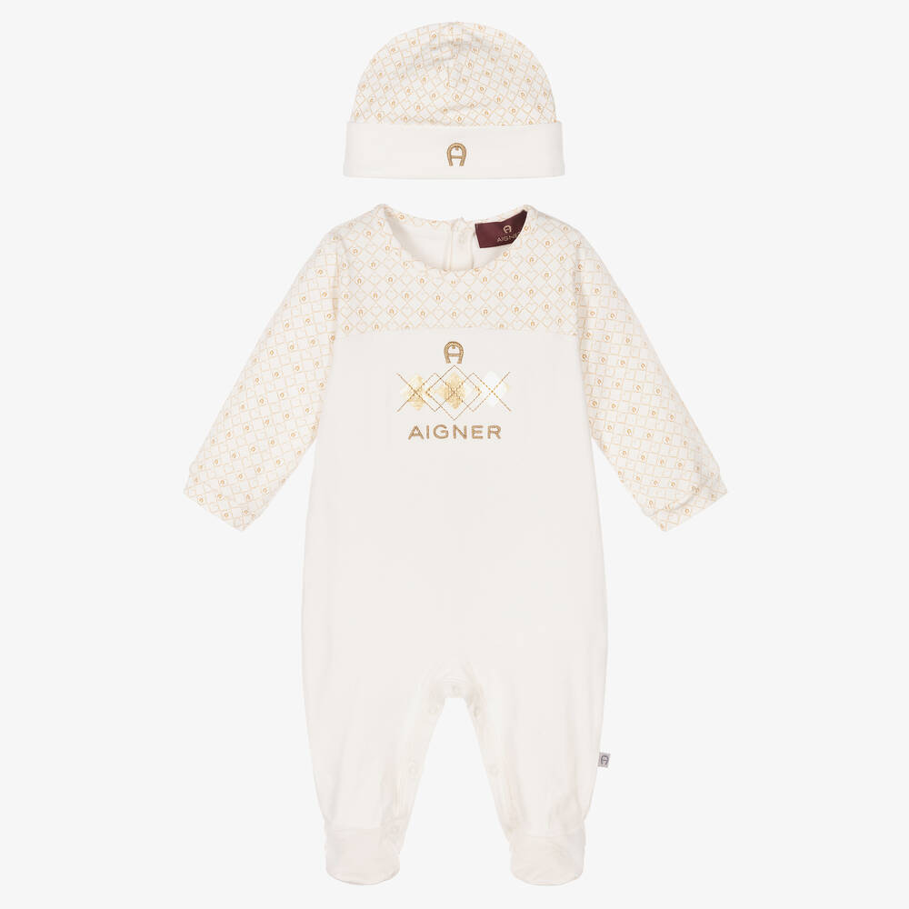 AIGNER - Ivory & Gold Pima Babygrow Set | Childrensalon