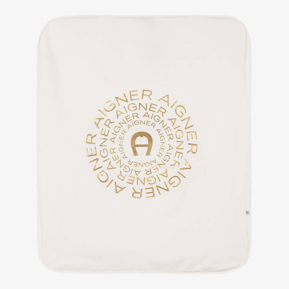 AIGNER - Кремовое одеяло из хлопка пима с золотистым декором (90см) | Childrensalon